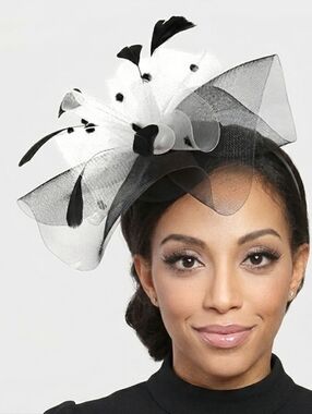 Black White Ombre Feather Dotted Fascinator 2 Tone Dressy Derby Church Hat Women